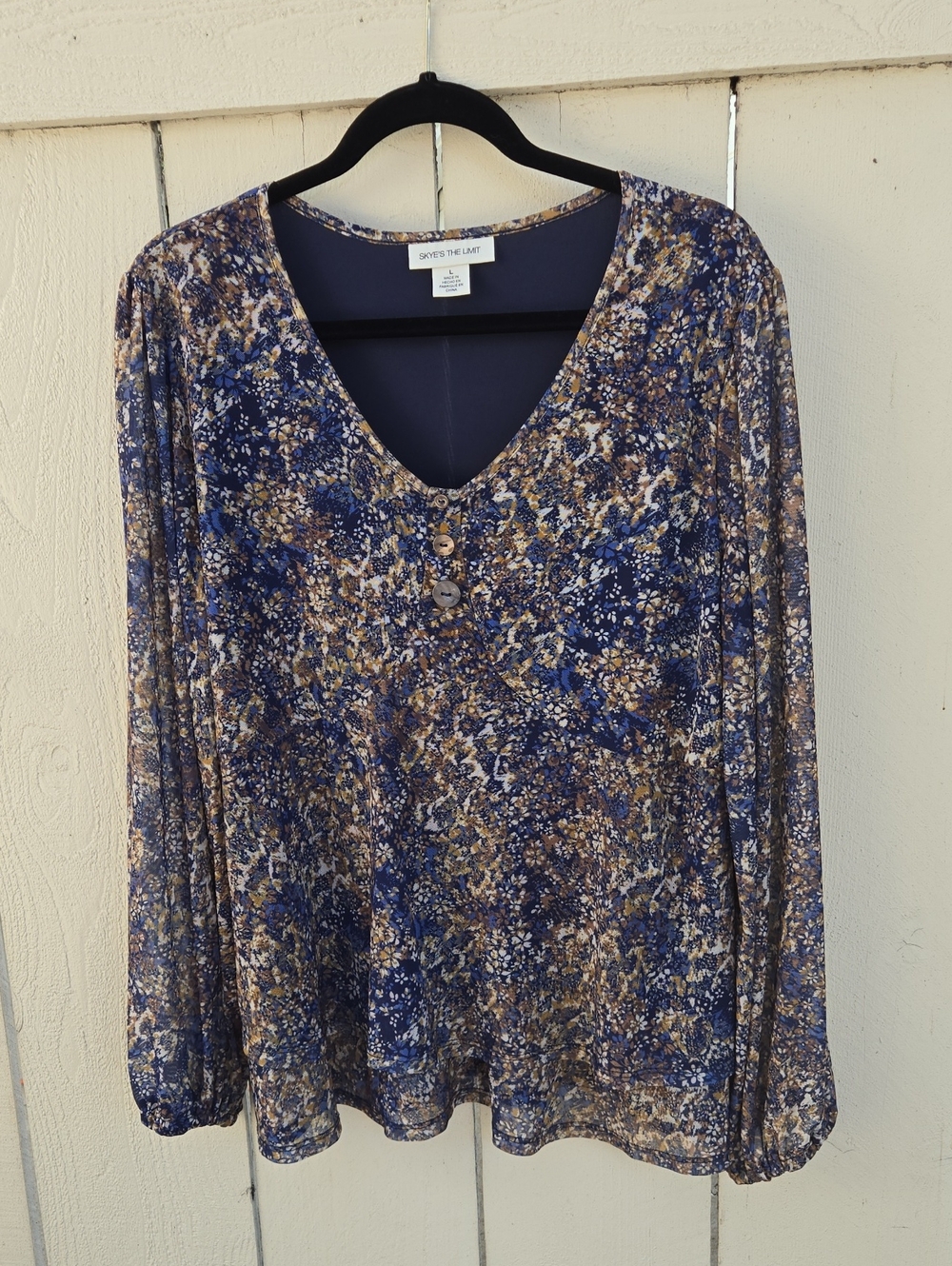Skye's the Limit Navy and Tan Floral V-Neck Long Sleeve Blouse